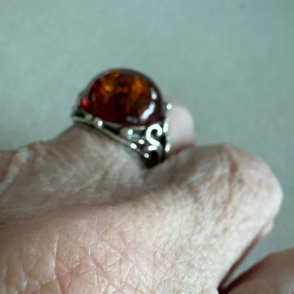 Sterling Silver and Amber Cabochon Bezel Set Ring
